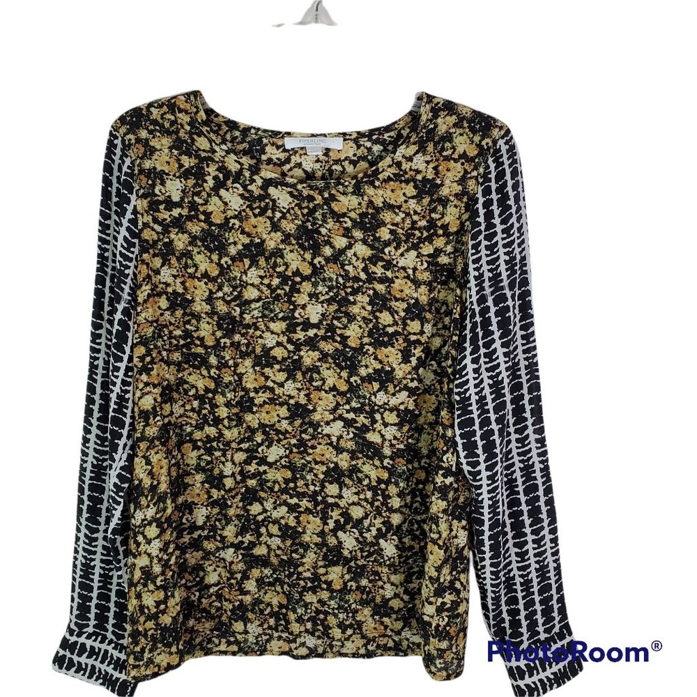 Piperlime 100% Silk Mixed Media Print Long Sleeve Boho Blouse Women's Large